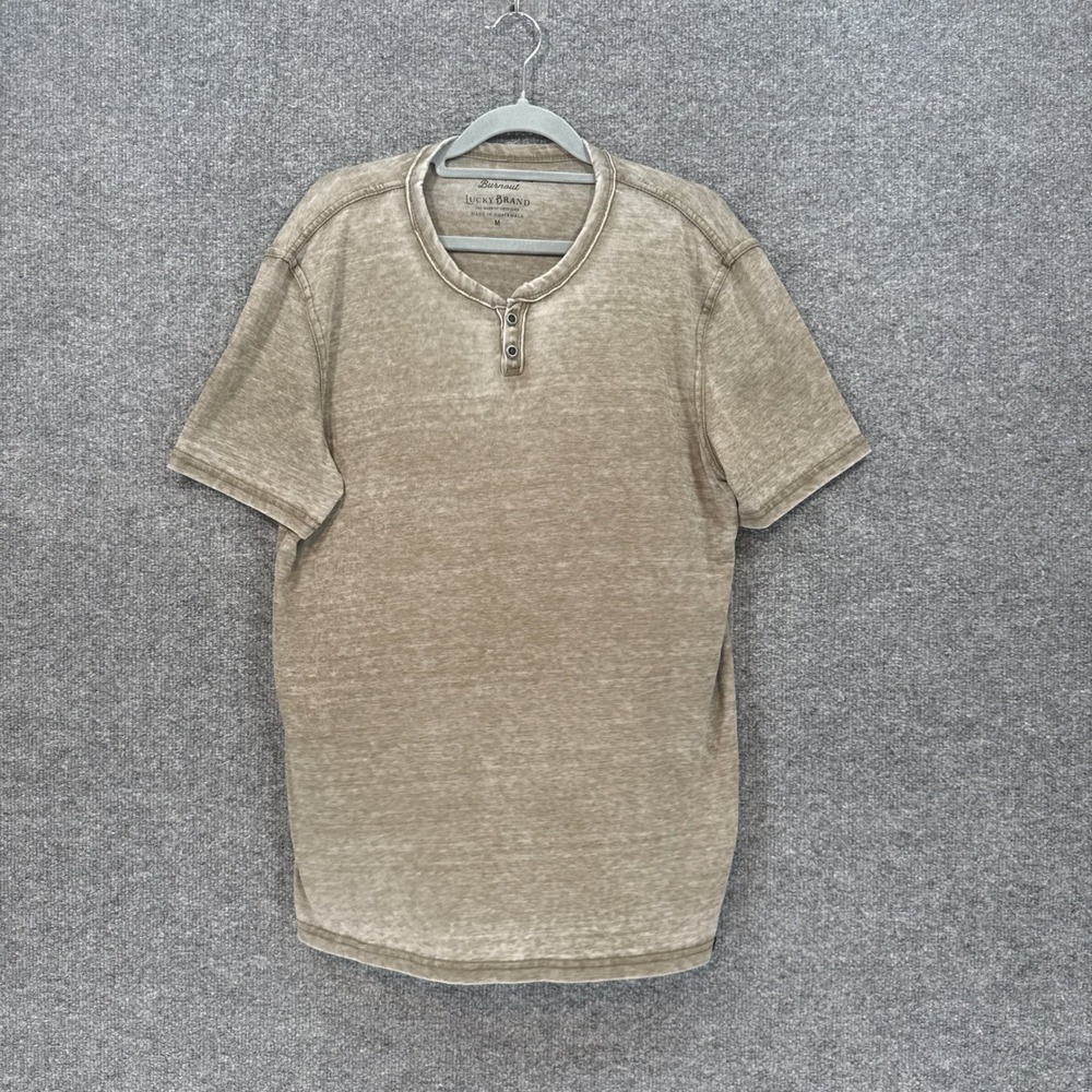 Lucky Brand Henley Shirt Mens Medium Tan Venice Burnout Short Sleeve Casual Tee